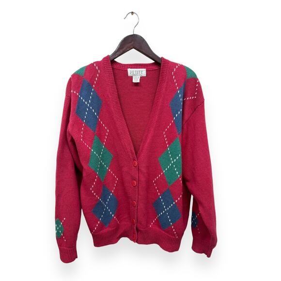 Vintage Petite Sophisticate Argyle Cardigan Sweater Medium - Picture 1 of 4